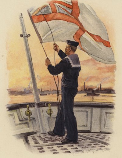 Opuszczanie bandery o zachodzie słońca (kolorowa litografia) autorstwa English School