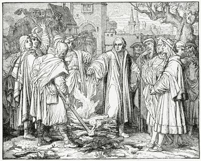 Luter pali bullę papieską w 1520, 1882 r. autorstwa English School