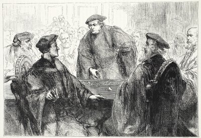 Luter i Zwingle dyskutują w Marburgu, ilustracja z Historii protestantyzmu Jamesa Aitkena Wylie (1808-1890), wyd. 1878 autorstwa English School