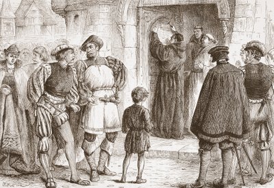 Luter przybijający swoje Tezy do drzwi zamku Schloss-Kirk w Wittemberdze, ilustracja z Historii protestantyzmu Jamesa Aitkena Wylie (1808-1890), wyd. 1878 autorstwa English School