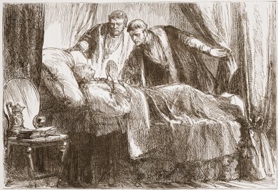 Luter na łożu śmierci, ilustracja z Historii protestantyzmu Jamesa Aitkena Wylie (1808-1890), wyd. 1878 autorstwa English School