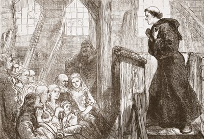 Głoszenie Lutra w starym drewnianym kościele w Wittenberdze, ilustracja z Historii protestantyzmu Jamesa Aitkena Wyliego (1808-1890), wyd. 1878 autorstwa English School
