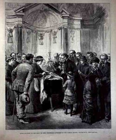 Leżąc w stanie, ciało lorda Fredericka Cavendisha (1836-82) w rodzinnej kaplicy, Chatsworth, z The Illustrated London News, 20 maja 1882 autorstwa English School
