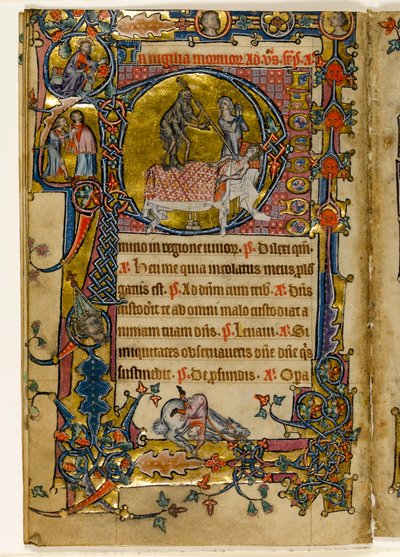MS 1-2005, fol. 235v: Uderzenie śmierci, historyzowany inicjał "p" z Psałterza z Macclesfield, użycie Sarum, Anglia Wschodnia, ok. 1330 r. (welin) autorstwa English School