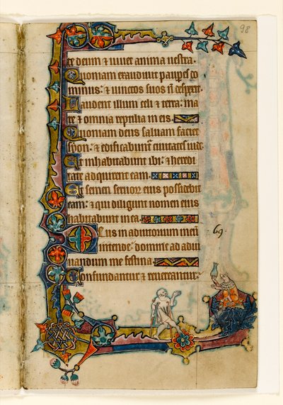 MS 1-2005, k.l. 98r: Żebrak i bogata świnia (?), marginalna dekoracja z psałterza Macclesfielda, Use of Sarum, East Anglia, c.1330 autorstwa English School