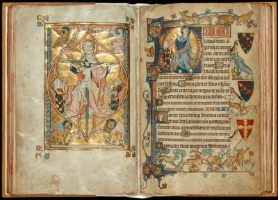 MS 242 fa. 28v-29r Tron Miłosierdzia z patronami, błogosławieństwo Chrystusa z patronem, ok. 1314-30 (złota listka i tempera na pergaminie) autorstwa English School