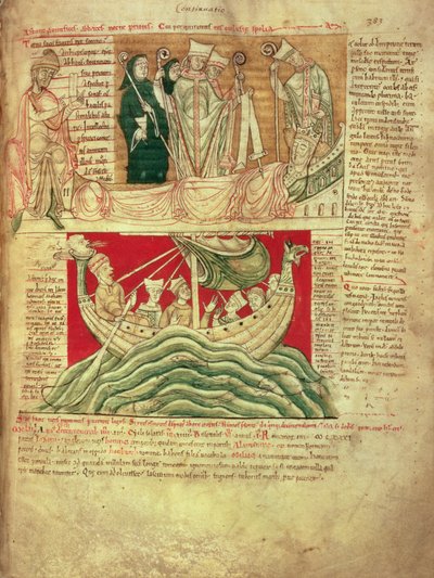 MS CCC 157 s.383 Wizje śnione przez króla Henryka I w Normandii w 1130, z Kroniki Worcester, ok. 1130-40 (welum) wstawione ok. 1140 przez Jana z Worcester do kroniki zapoczątkowanej przez Florencję z Worcester (zm. 1118); jedna z najwcześniejszych zachowan autorstwa English School