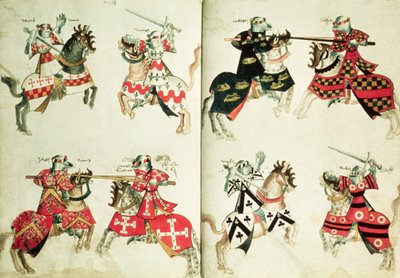 MS Harley 4205 fol.31v-32 Rycerze rycerscy pokazujący herby heraldyczne (welin) autorstwa English School