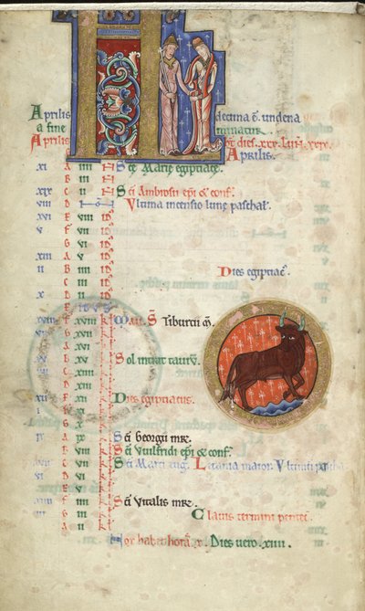 MS Hunter 229 f.2v kwiecień, z psałterza Hunterian, c.1170 (pióro i atrament oraz tempera na welinie) autorstwa English School