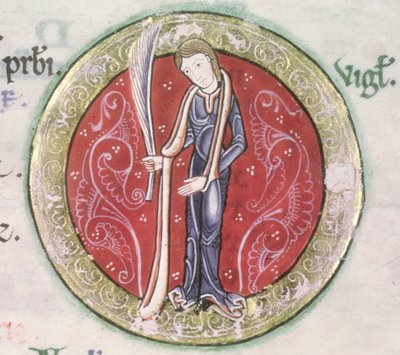 MS Hunter 229 f.4v Virgo, z psałterza Hunterian, ok. 1170 (pióro i atrament oraz tempera na welinie) (szczegół) autorstwa English School