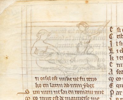 MS McClean 123 f.40v Underdrawing do miniatury przedstawiającej myśliwego łapiącego nagiego jednorożca leżącego na kolanach dziewicy, z „Księgi Nuneaton”, ok. 1280-1300 (tusz na pergaminie) (detal z 418062) autorstwa English School