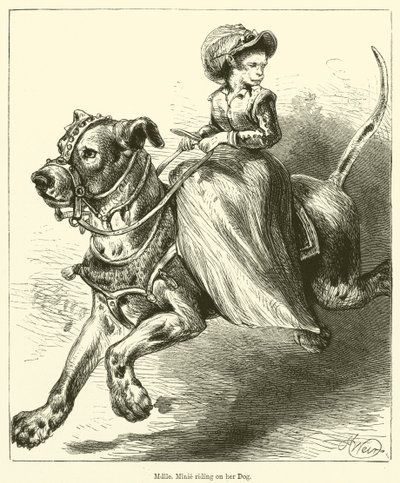 Mademoiselle Minie na swoim psie (grawerunek) autorstwa English School