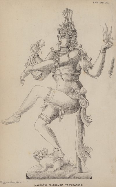 Mahadeva niszcząc Tripurasurę (grawerowanie) autorstwa English School