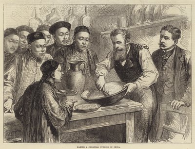 Robienie świątecznego puddingu w Chinach (grawerowanie) autorstwa English School