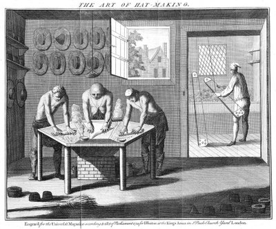 Robienie beaver hats, z The Universal Magazine, Londyn, wyd. w 1750 autorstwa English School