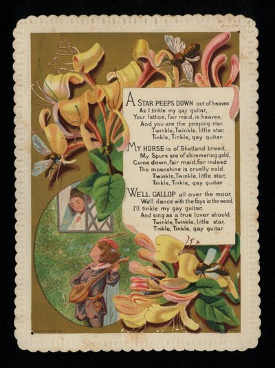 Mężczyzna śpiewający serenady do swojego kochanka i wiciokrzewu, kartka z życzeniami (chromolitho) autorstwa English School