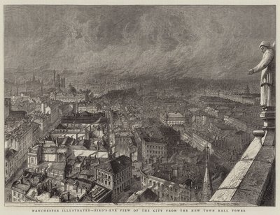 Manchester Ilustrowany, Widok na miasto z lotu ptaka z Wieży Nowego Ratusza (rycina) autorstwa English School