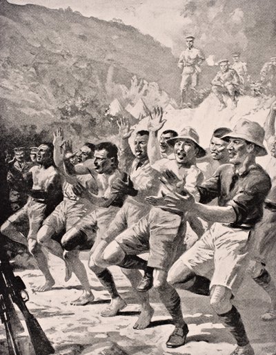 Maoryscy żołnierze wykonują Haka w Gaba Tepe na Półwyspie Gallipoli Turcja 1915, z "The War Illustrated Album deLuxe", wydany w Londynie, 1916 autorstwa English School