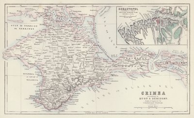 Mapa: Krym, według Huota i Demidoffa, narysowana i wygrawerowana przez J. Bartholomew, Edynburg; Sebastopol, według zredukowanego oryginalnego rosyjskiego planu opublikowanego w Berlinie (kolorowa litografia). autorstwa English School