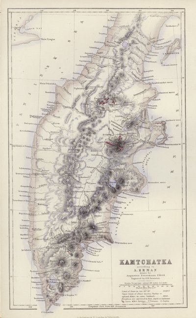 Mapa: Kamczatka, według A Ermana, narysowana przez Augustusa Petermanna (kolorowa litografia) autorstwa English School