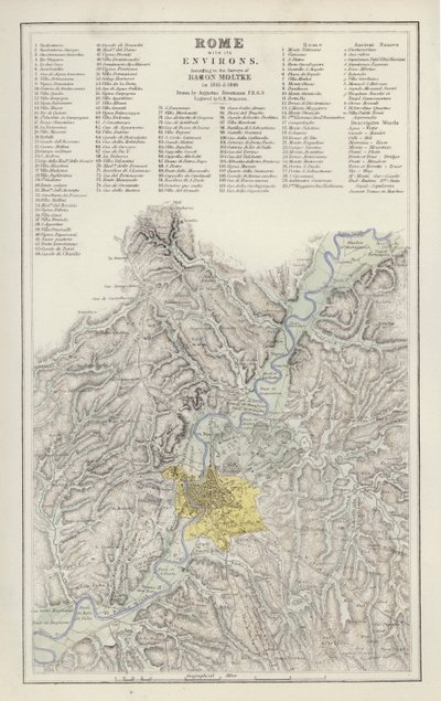 Mapa: Rzym wraz z okolicami, według Survey of Baron Moltke, w 1845 i 1846, narysowana przez Augustusa Petermanna (kolor lito) autorstwa English School