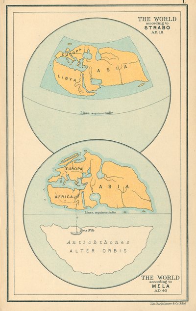 Mapa: Świat według Strabo AD 18, Mela AD 43 (kolorowa litografia) autorstwa English School