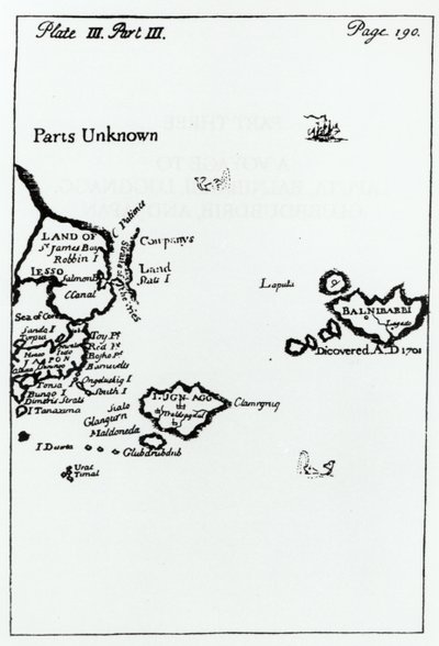 Mapa z Podróży Guliwera autorstwa Jonathana Swifta (1667-1745) autorstwa English School