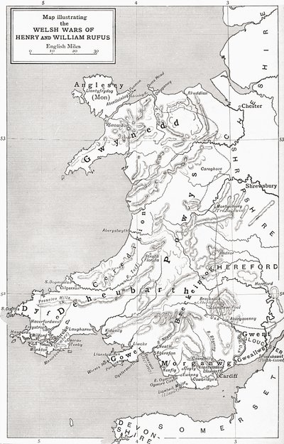Mapa ilustrująca wojny walijskie Williama Rufusa i Henryka I, z „Krótkiej historii ludu angielskiego” J.R. Greena, opublikowanej w 1893 r. autorstwa English School