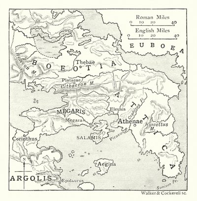 Mapa obejmująca Attykę z Salaminą i Eginą, Boeotię, Megaris oraz część Koryntii i Argolis (litografia) autorstwa English School