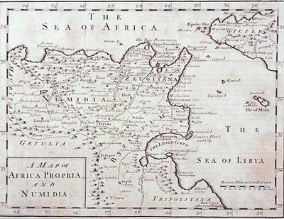 Mapa Afryki Propria i Numidia (współczesna Tunezja i Algieria) koniec XVIII wieku (rycina) autorstwa English School