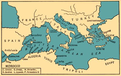 Mapa starożytnego piractwa i barbarzyńskich korsarzy, z "Historii piractwa" Philipa Gosse