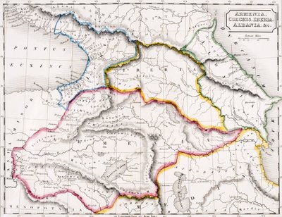 Mapa Armenii, Kolchidy, Iberii i Albanii z „Atlasu geografii antycznej”, Samuela Butlera, wydanej w Londynie, ok. 1829 (kolor lito) autorstwa English School
