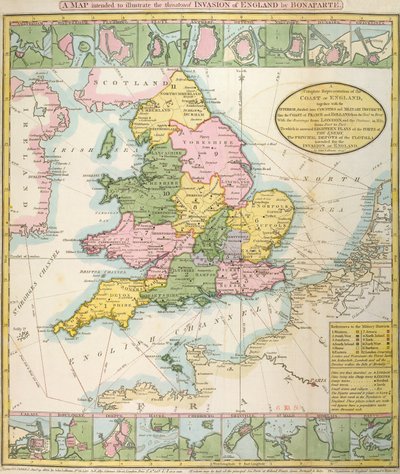 Mapa Wielkiej Brytanii, ilustrująca zagrożoną inwazję Napoleona Bonaparte (1769-1821) 1803 (kolor lito) autorstwa English School