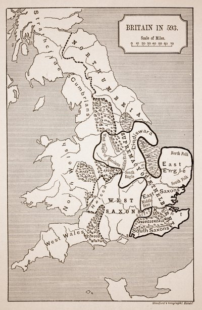 Mapa Wielkiej Brytanii w 593, wydrukowana przez Stanfords Geographical Establishment autorstwa English School