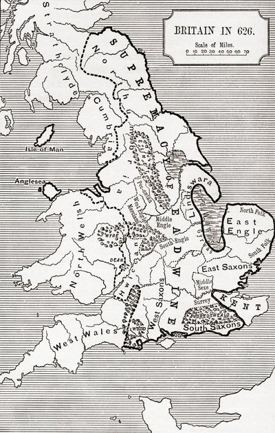 Mapa Wielkiej Brytanii w 626, od The Northumbrian Kingdom 588 do 685 w „Krótkiej historii ludu angielskiego” J. R. Greena, opublikowanej w 1893 r. autorstwa English School