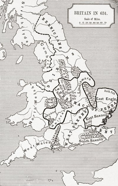 Mapa Wielkiej Brytanii w 634, od The Northumbrian Kingdom 588 do 685 w „Krótkiej historii ludu angielskiego” J. R. Greena, opublikowanej w 1893 r. autorstwa English School