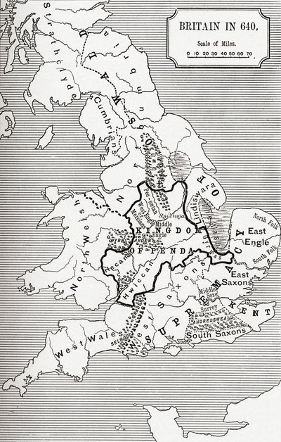 Mapa Wielkiej Brytanii w 640, z The Northumbrian Kingdom w „Krótkiej historii Anglików” J. R. Greena, opublikowanej 1893 autorstwa English School