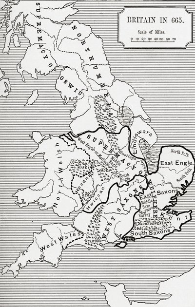 Britanijos žemėlapis 665 m., iš Nortumbrijos Karalystės 588 iki 685 J. R. Greeno knygoje „Trumpa anglų tautos istorija“, išleista 1893 m. autorstwa English School