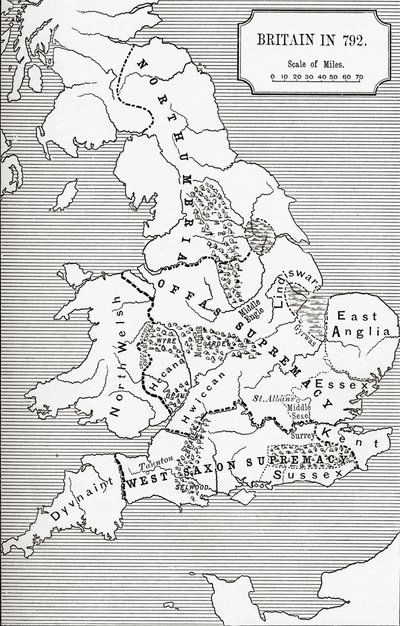 Mapa Wielkiej Brytanii w 792 r., od The Three Kingdoms 685 do 828 w „Krótkiej historii ludu angielskiego” J. R. Greena, opublikowanej w 1893 r. autorstwa English School