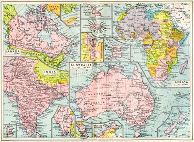 Mapa posiadłości brytyjskich w 1914 r. w momencie wybuchu I wojny światowej, z The British Empire Universities Modern English Illustrated Dictionary, wyd. 1914 autorstwa English School