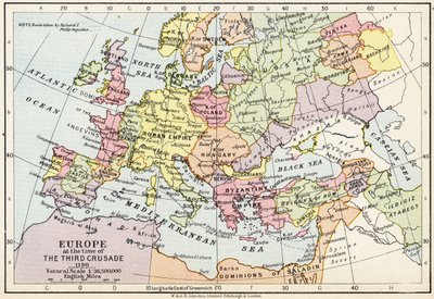 Mapa Europy w czasie III krucjaty, 1190, z „Atlasu historycznego”, wydanego przez W. und A.K. Johnston Limited, 1911 autorstwa English School