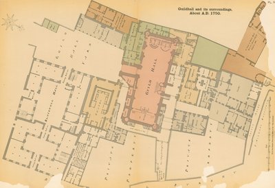 Mapa Guildhall, Londynu i okolic około 1750 autorstwa English School