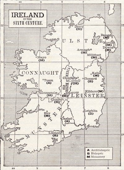 Mapa Irlandii w VI wieku z książki „Kościół Anglii: historia dla ludu”, wydanej ok. 1910 r. autorstwa English School