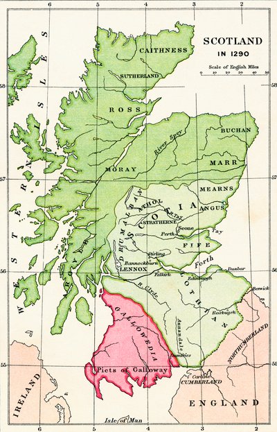 Mapa Szkocji w 1290 r., z „Krótkiej historii ludu angielskiego” J. R. Greena, opublikowanej w 1893 r. autorstwa English School