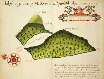 Mapa wysp Secretaire i Pepys w Cieśninie Magellana, ok. 1628 (pióro, atrament i akwarela na papierze) autorstwa English School