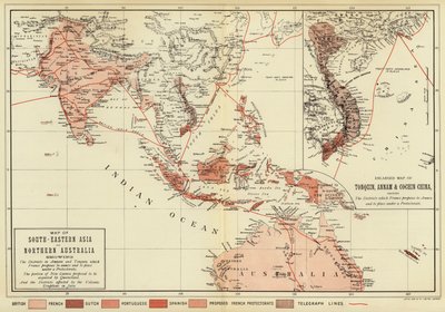 Mapa Azji Południowo-Wschodniej i Północnej Australii; Powiększona mapa Chin Tonquin, Annam i Cochin (kolorowe zdjęcie) autorstwa English School