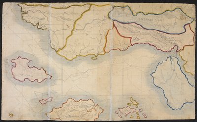 Mapa Verdopolis, czyli Szklanego Miasta; kraina wyimaginowana, ilustracja z „Historii młodych mężczyzn od ich pierwszego osiedlenia do współczesności” autorstwa Patricka Branwella Bronte i jego siostry Charlotte (ołówek z akwarelą na papierze) autorstwa English School