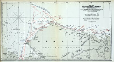 Mapa Ameryki Zachodniej Arktyki pokazująca ślady HMS Enterprise and Investigator w latach 1850-1854 autorstwa English School