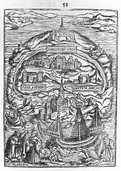Mapa wyspy Utopia, frontyspis księgi, 1563 autorstwa English School