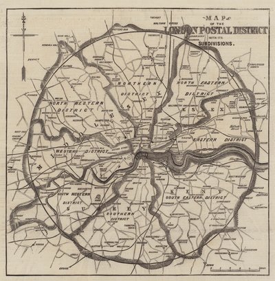 Mapa londyńskich okręgów pocztowych (grawerunek) autorstwa English School